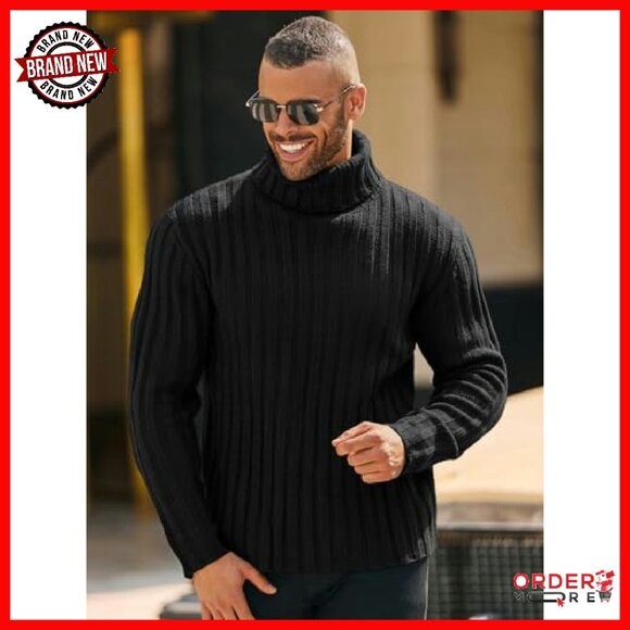 Chunky Cable Knit Turtleneck Sweater Slim Fit Mens Winter Pullover - Picture 3 of 6